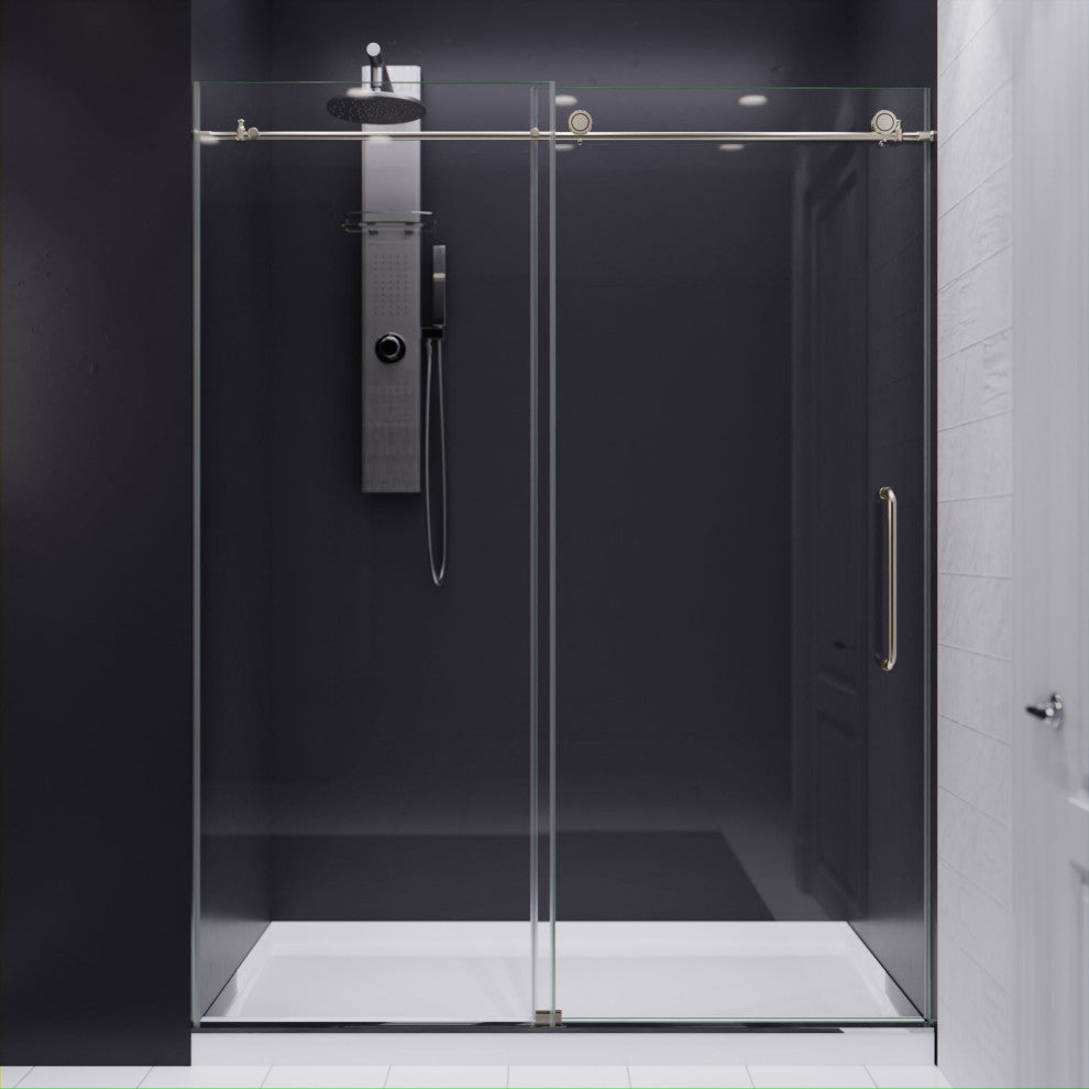 Lone Series 60" W x 76" H Frameless Sliding Shower Door, Brushed Nickel
