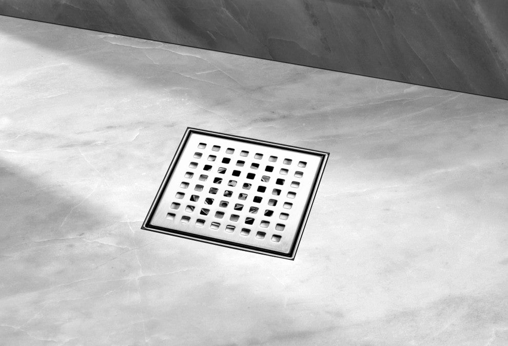HEATGENE Square Shower Drain With Flat Cover and Base Flange, Brush, 6"