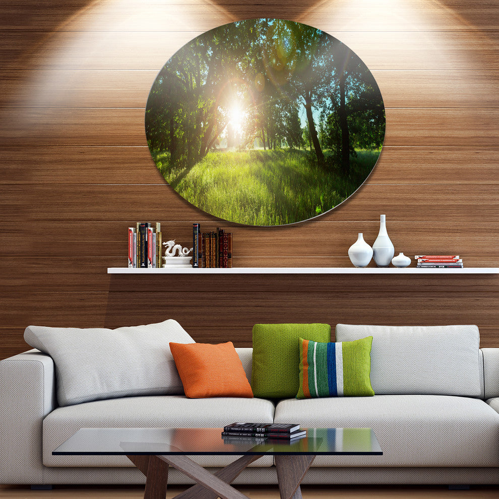 Sunny Day In Green Forest Meadow, Landscape Round Wall Art, 11"
