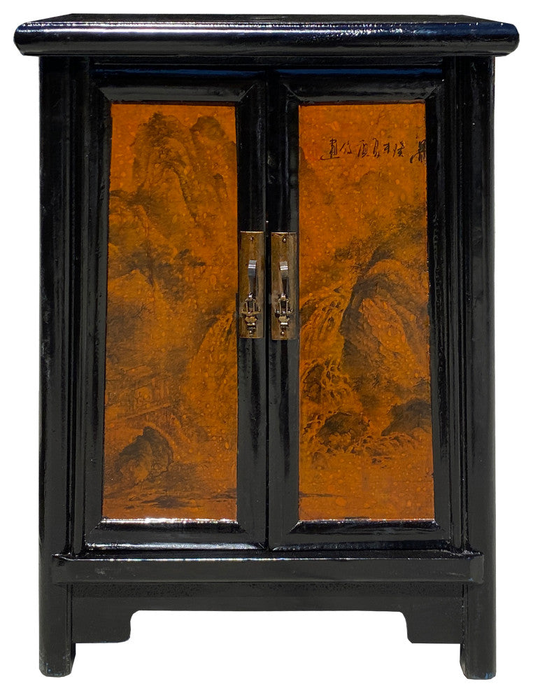 Chinese Distressed Black Yellow Scenery Graphic End Table Nightstand Hcs7348