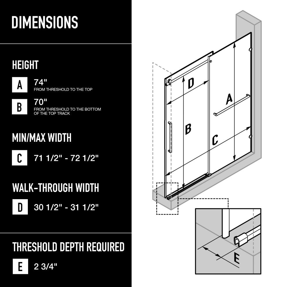 VIGO Ferrara Frameless Sliding Shower Door, Chrome, 72" to 73" W X 74" H, Clear Glass