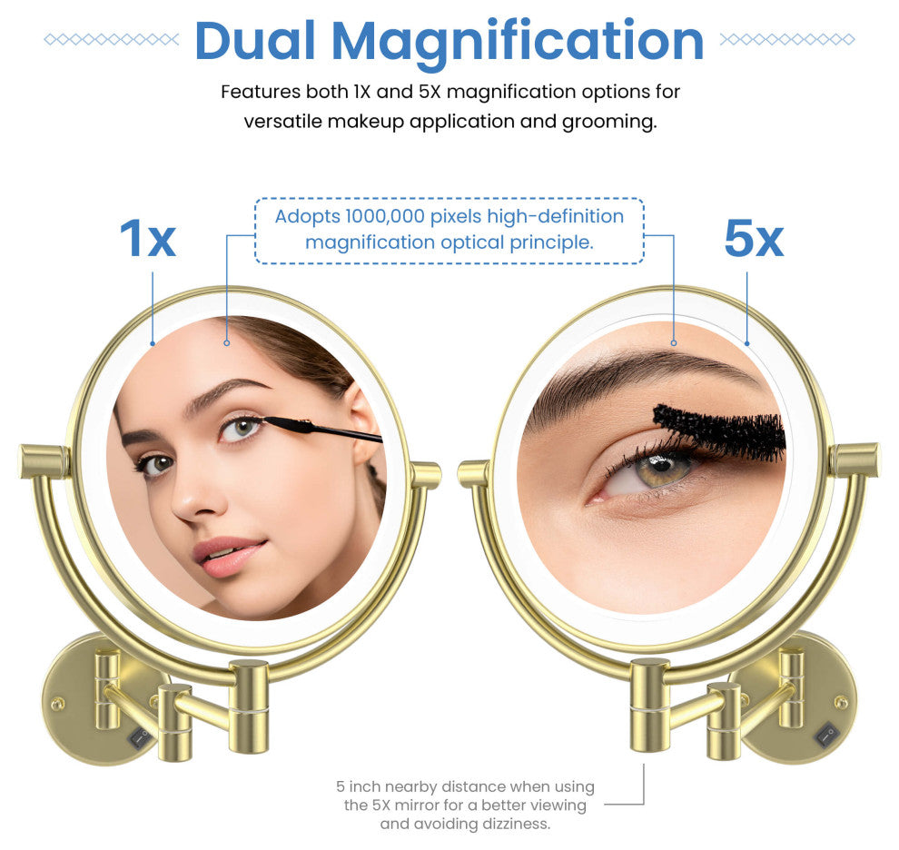 Circular LED Wall Mount Magnifying Make Up Mirror, Brushed Gold