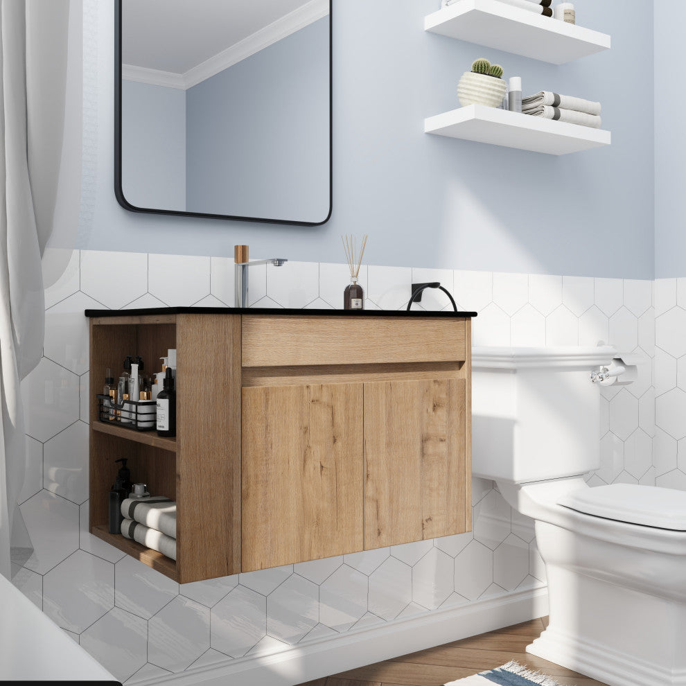 BNK 30x18 Bathroom Vanity With Adjustable Shelf, Black Top