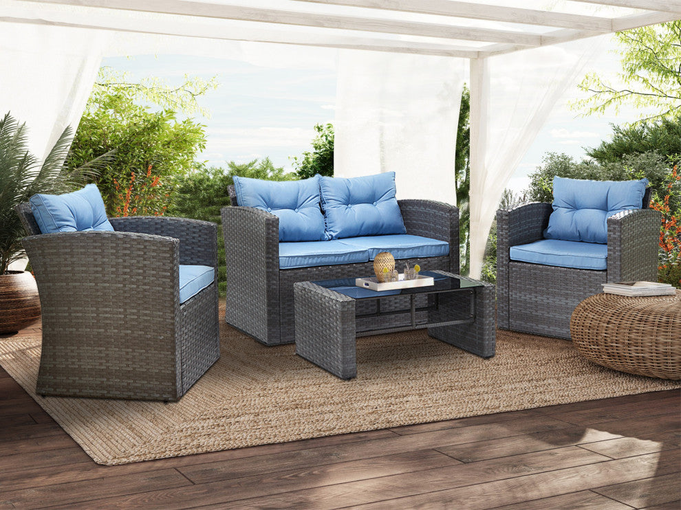 Roatan 4-Piece Light Gray Wicker Outdoor Conversation Set with Cushions