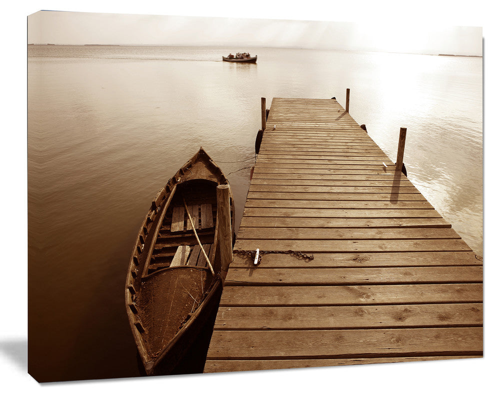 Albufera Lake Wetlands Pier, Boat Canvas Art Print, 40"x30"