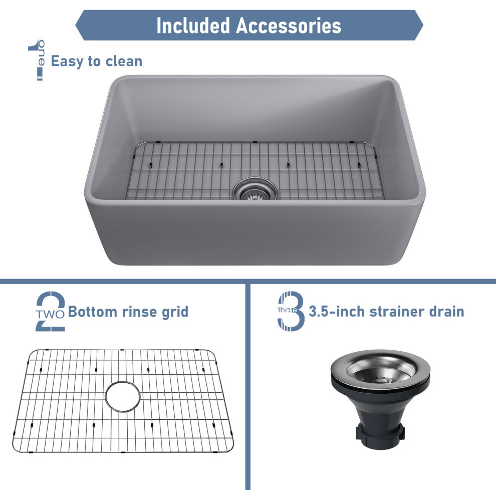 30in Single Bowl Farmhouse Apron Kitchen Sink with Bottom Grid and Strainers, 30