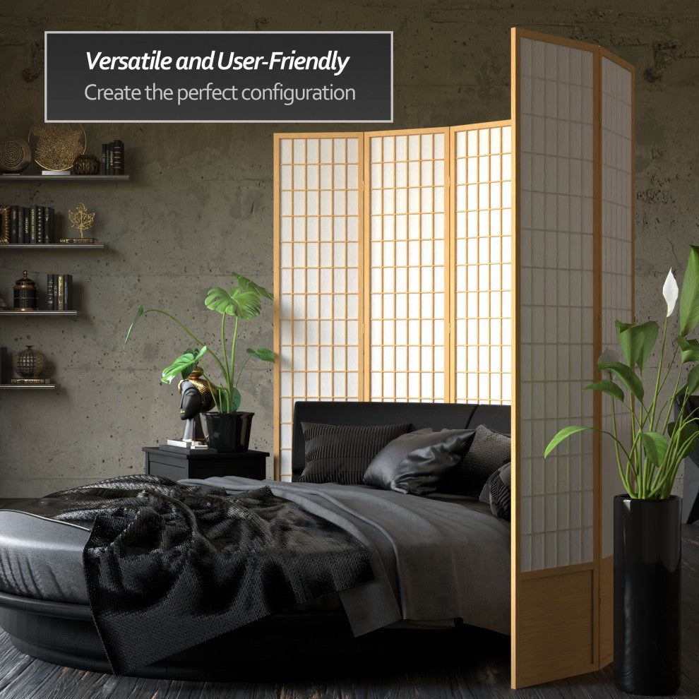7' Tall Window Pane Shoji Screen, Natural, 5 Panels