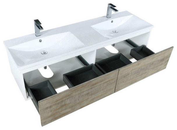 Scopi Modern 60" Rustic Acacia Double Bathroom Vanity, Labaro Rose Gold Faucet