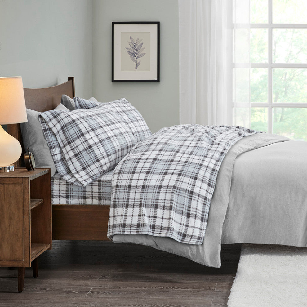 True North by Sleep Philosophy Micro Fleece Sheet Set, Grey Plaid
