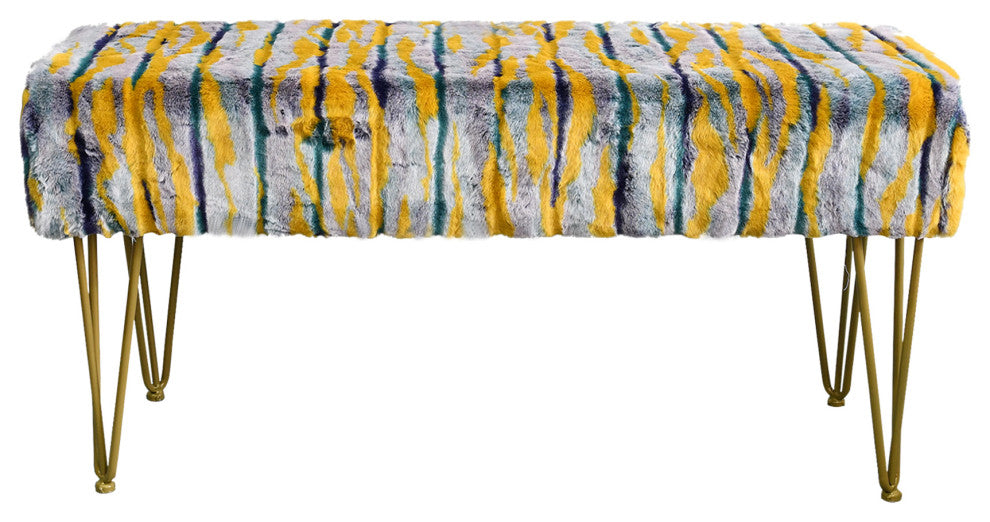 Multi Jacquard Faux Fur Ottoman, Teal, 46"x16"x7"
