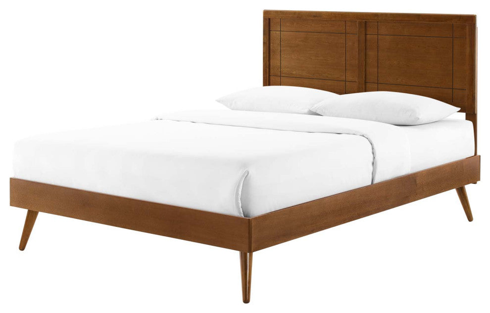 Platform Bed Frame, Queen Size, Wood, Brown Walnut, Modern Mid-Century, Bedroom