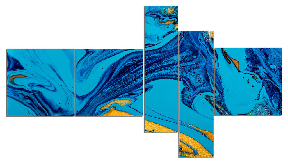 Soft Blue Abstract Acrylic Paint Mix, Abstract Art on Canvas, 60"x32", 5 panels
