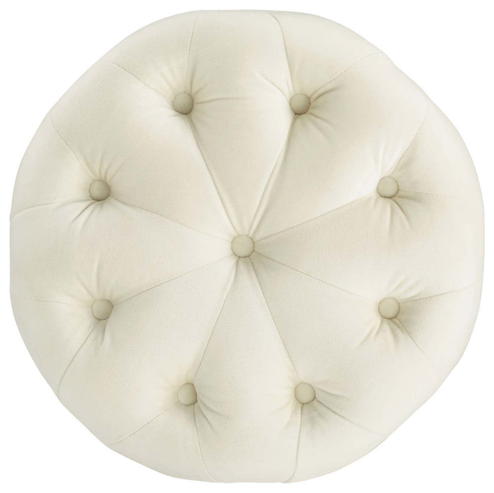 Tufted Accent Chair Ottoman, Round, Velvet, Ivory White, Modern, Lounge