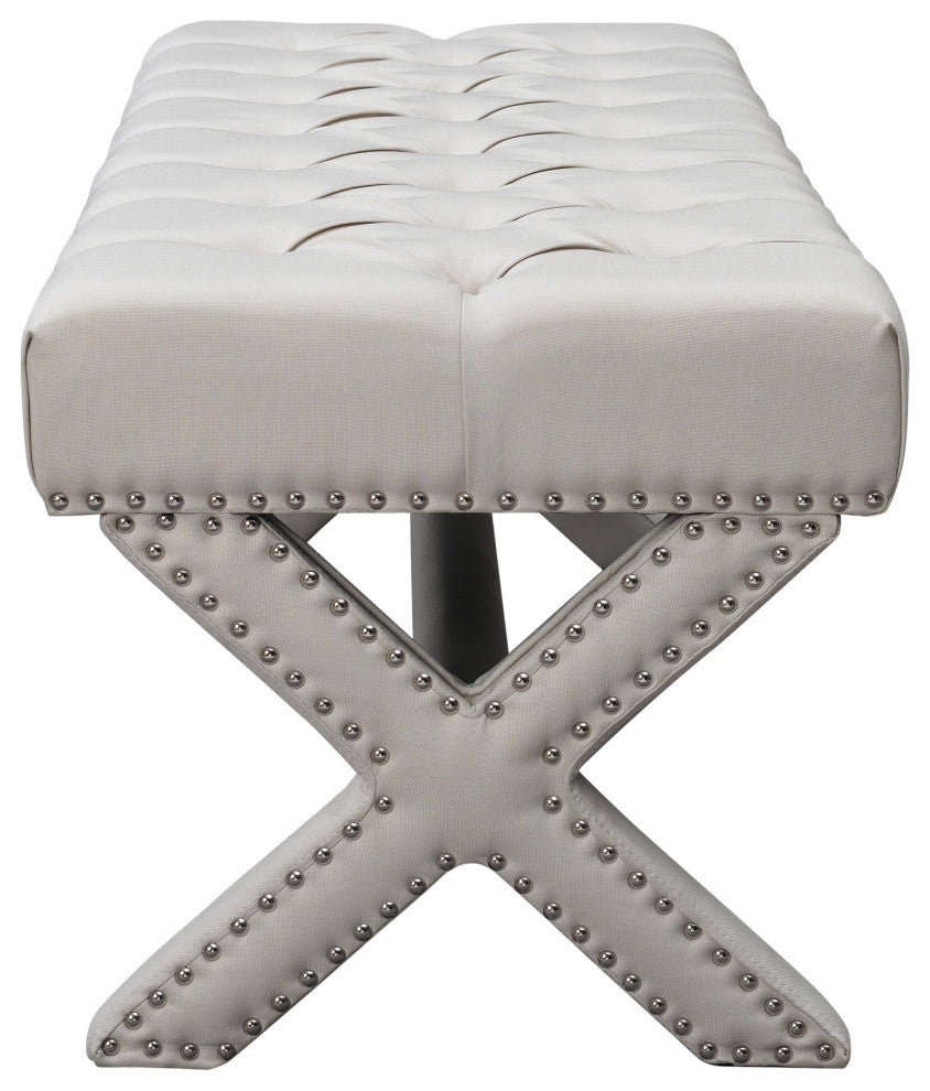 Diana Linen Button Tufted Silver Nailhead Trim X-Leg Bench, Cream White
