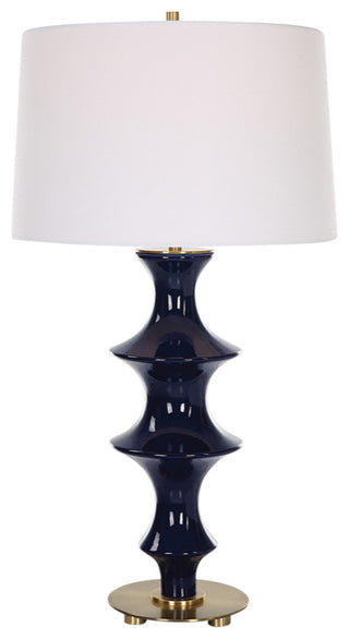 Modern Ridged Cobalt Blue Ceramic Table Lamp 29 in Fluted Chinoiserie Style