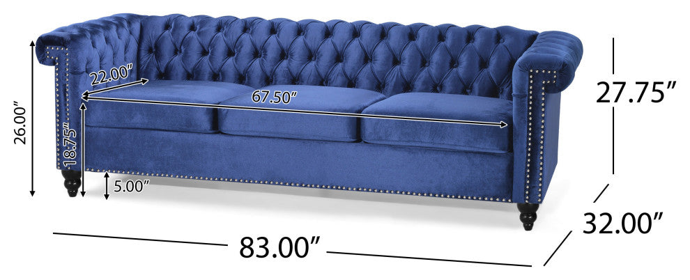 Spencer Tufted Chesterfield Velvet 3-Seater Sofa, Midnight Blue/Dark Brown