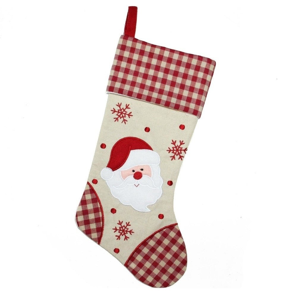 19" Burlap Embroidered Santa Claus Christmas Stocking With Red Gingham Cuff