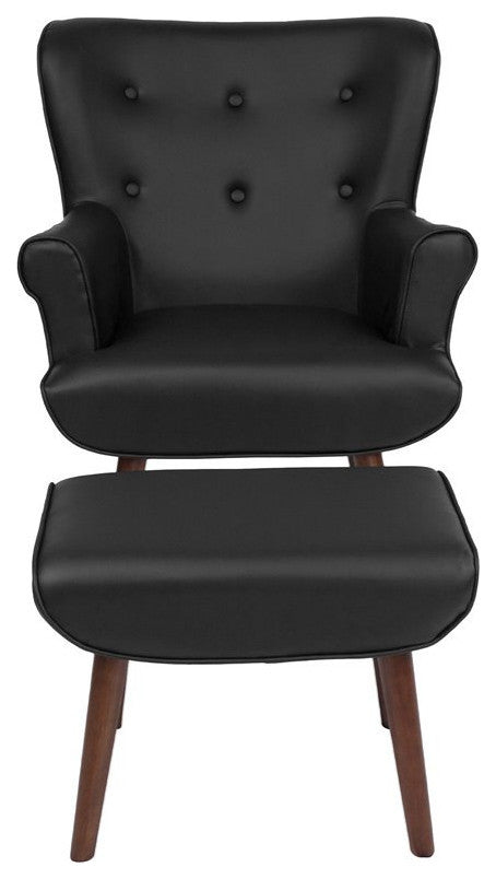 Bayton Upholstered Wingback Chair With Ottoman In Black Leather