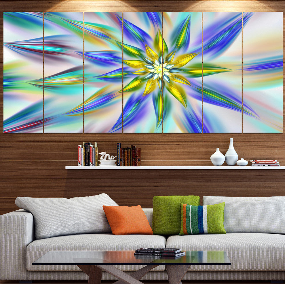 Dancing Blue Fractal Flower, Floral Canvas Art Print, 83"x32", 7 Panels