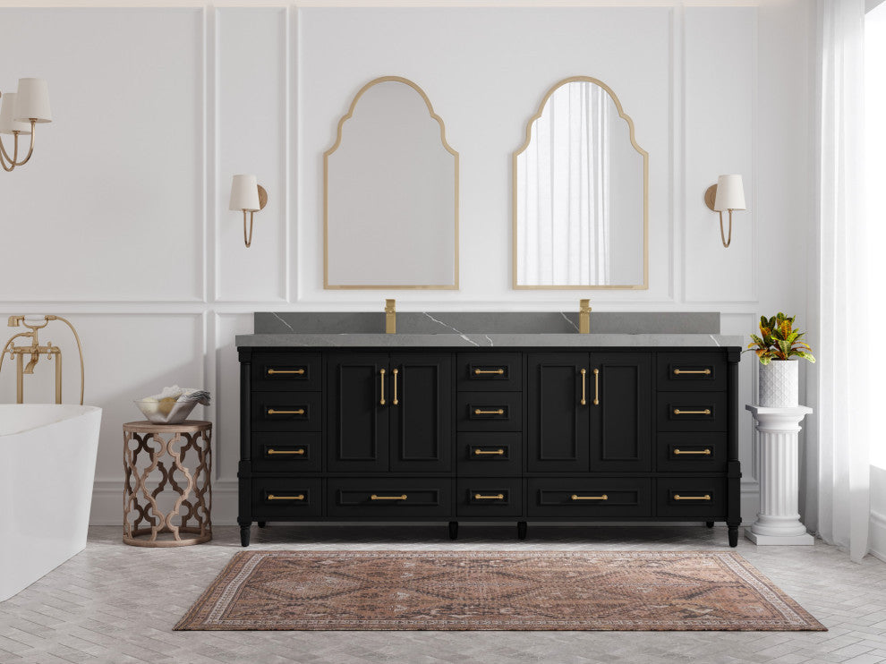 Aberdeen 84 Double Sink Bath Vanity in Black 2" Piatra Gray