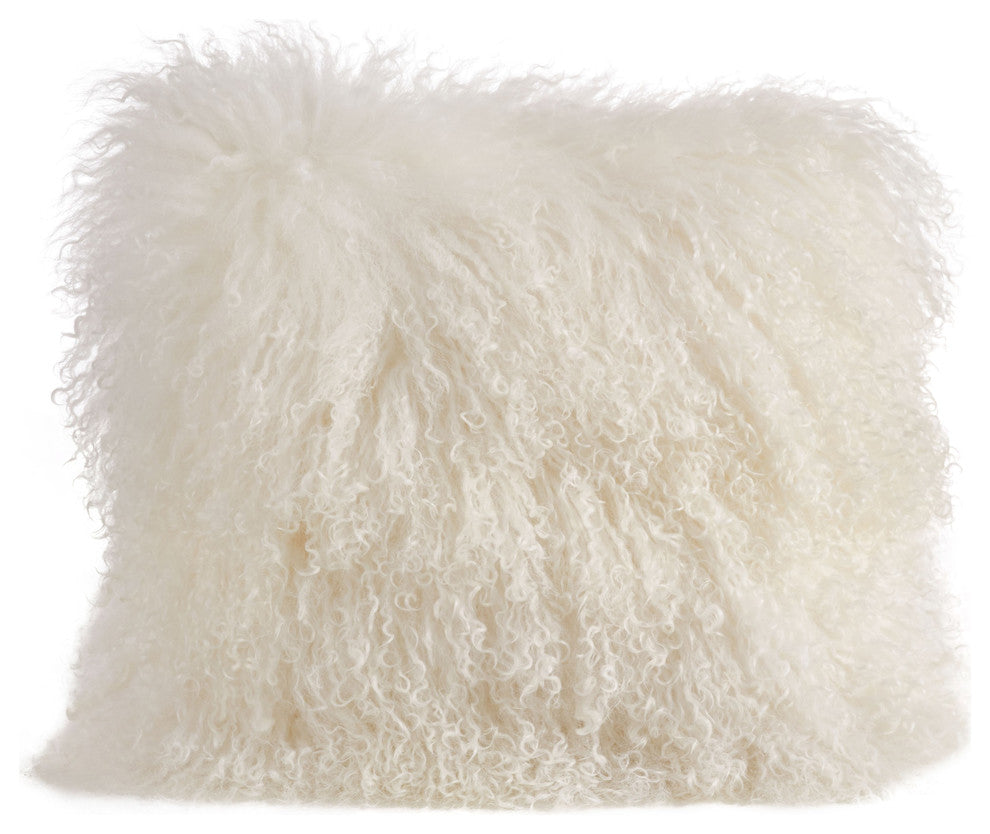Mongolian Lamb Fur Poly Filled Throw Pillow, Ivory, 16"x16"