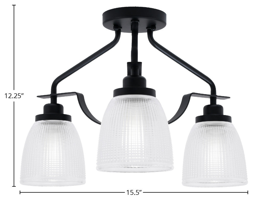 Odyssey 3 Light Semi Flush Mount In Matte Black Finish, 5" Clear Ribbed Glass