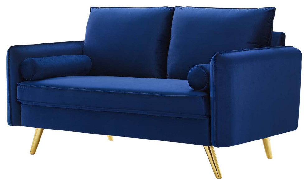 Loveseat Sofa, Velvet, Blue Navy, Modern, Living Lounge Hotel Lobby Hospitality