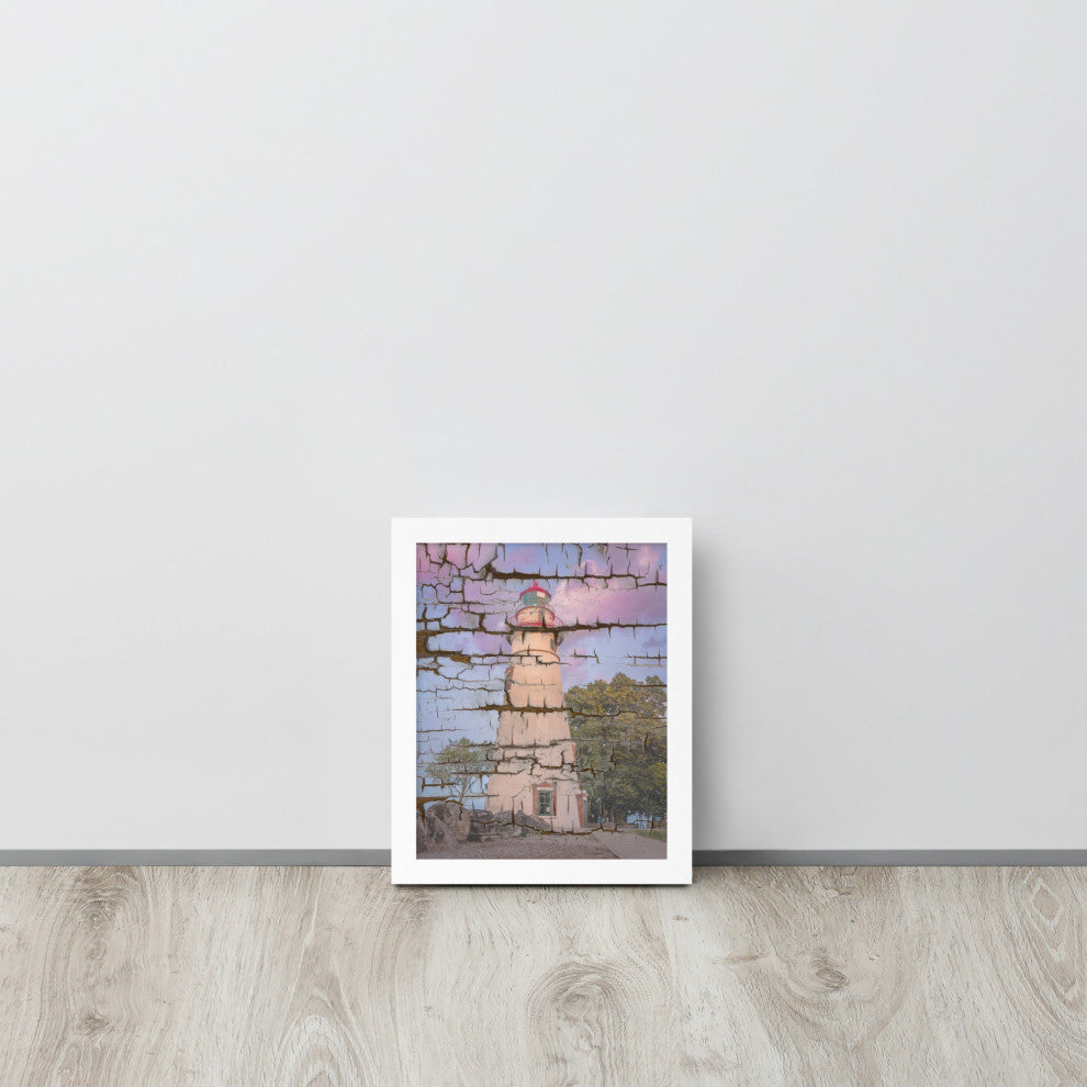 Faux Wood Texture Marblehead Lighthouse at Sunset Framed Photo Wall Art Print, White, 8" X 10"