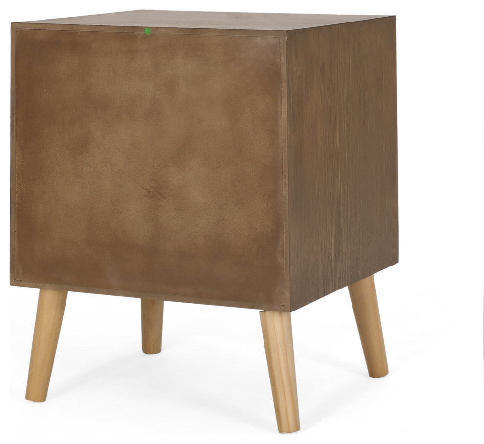 Pilster Contemporary End Table with Storage, Walnut, Natural, and Antique Gold