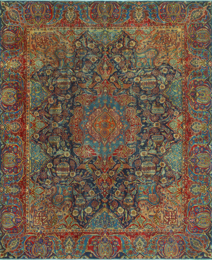 Fine Vintage Distressed Bernal Navy/Red Rug, 9'9 x 12'3