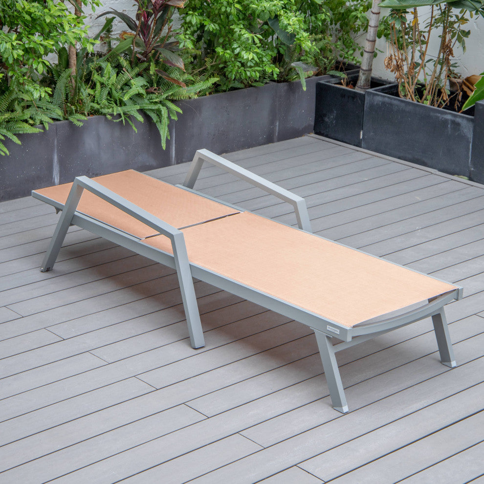 LeisureMod Marlin Patio Chaise Lounge Chair With Arms Gray Frame, Light Brown