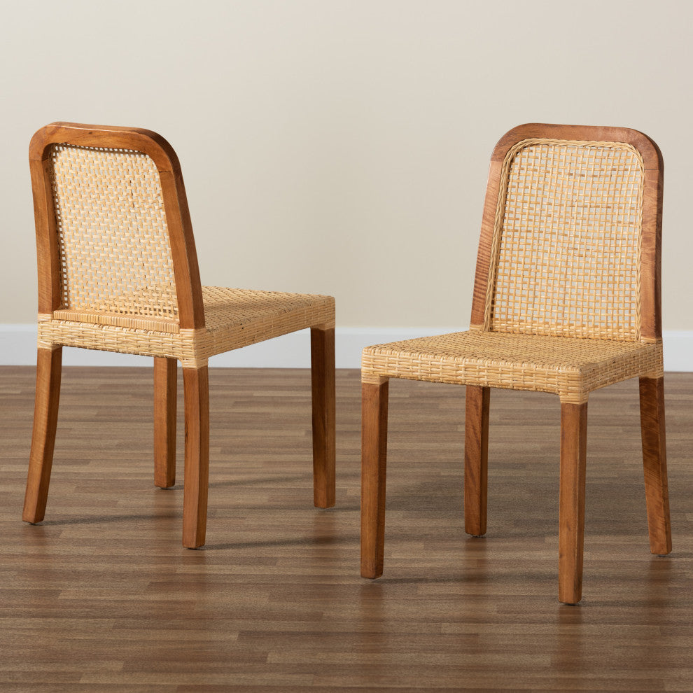 Caspia Modern Walnut Brown Finished Wood and Natural Rattan Dining Chair Set