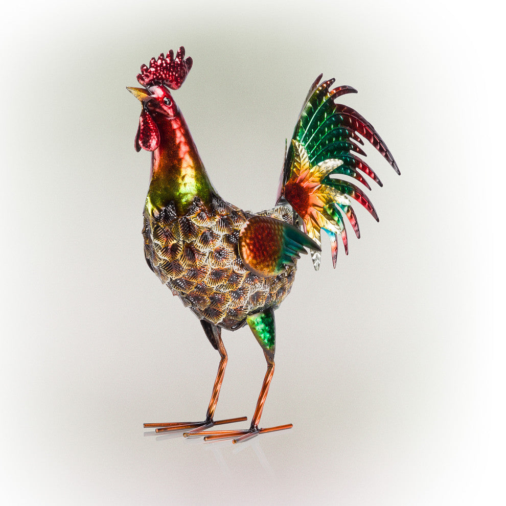 Glossy Metal Rooster Decor with Turquoise Tail