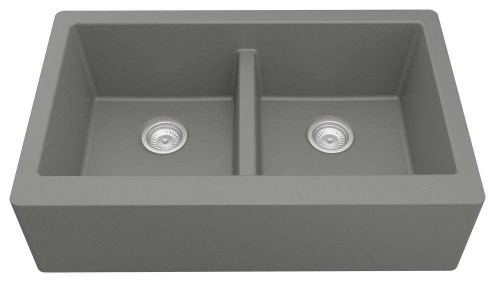 Karran Farmhouse Apron Front Quartz 34" Double Bowl Kitchen Sink, Grey