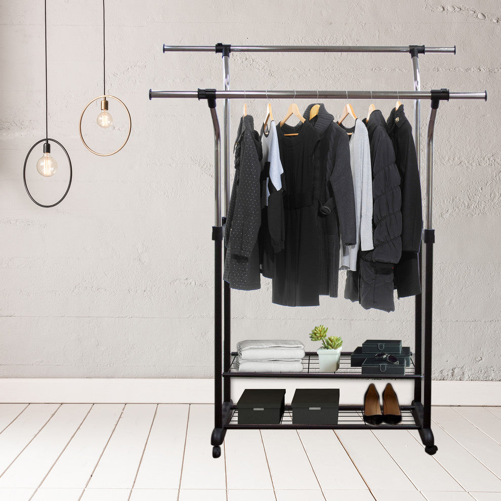 Mobile Double Rail Clothes Rack With Utility Shelves
