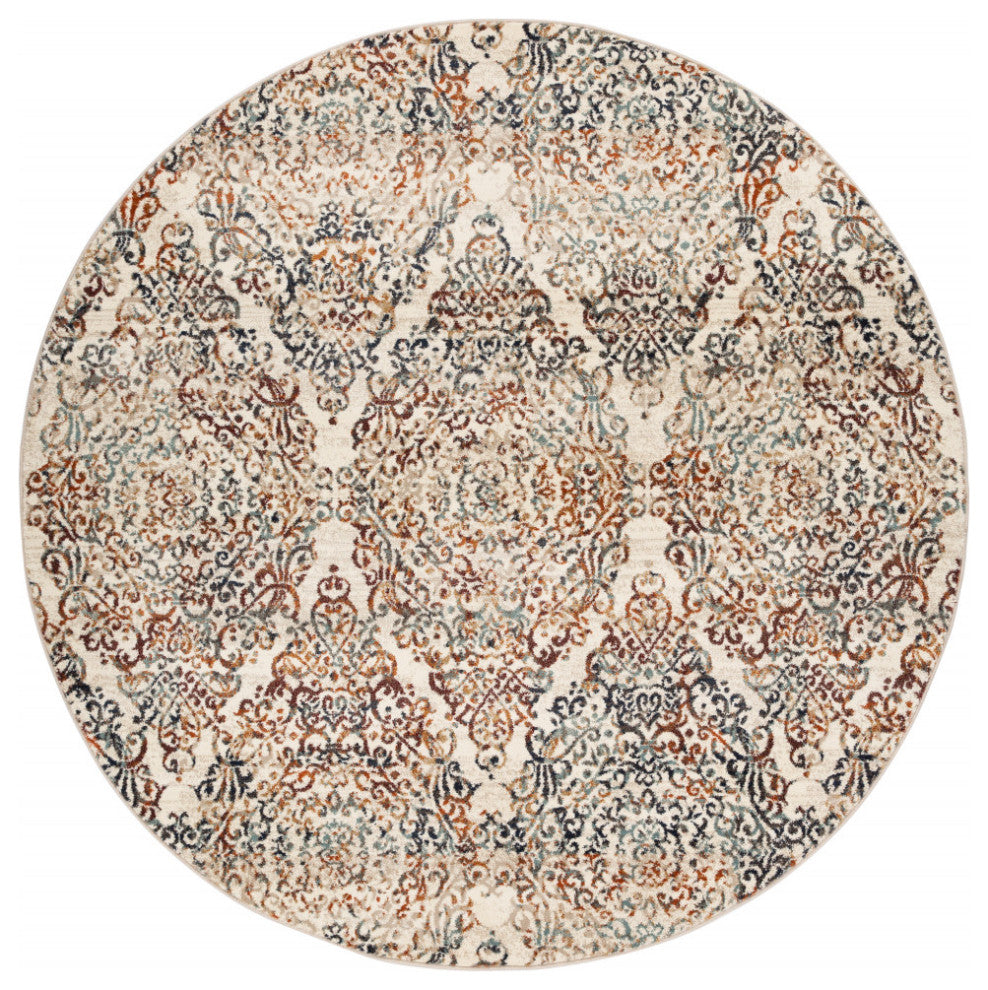 8" Round Ivory Brown Decorative Diamond Area Rug