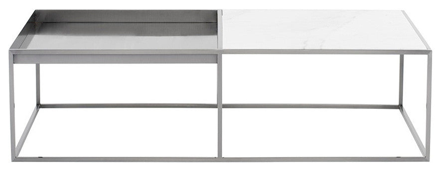 Corbett Rectangle Coffee Table, Brushed Steel Coffee Table, Modern White Marble