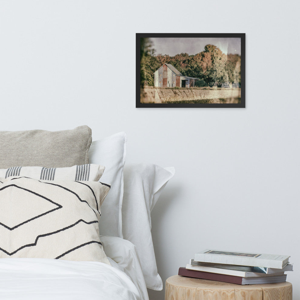 Patriotic Weathered Barn in Field Glass Plate Framed Photo Paper Wall Art Prints, Black, 12" X 18"