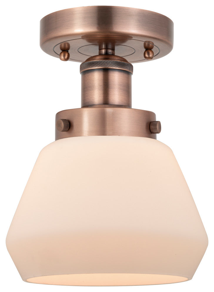 Fulton-1 Light 7" Semi-Flush Mount-Antique Copper, Matte White Glass Shade