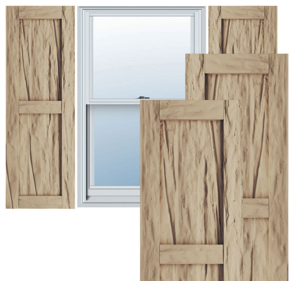 Rustic Two Equal Panel Flat Panel Riverwood Faux Wood Shutters (Per Pair)