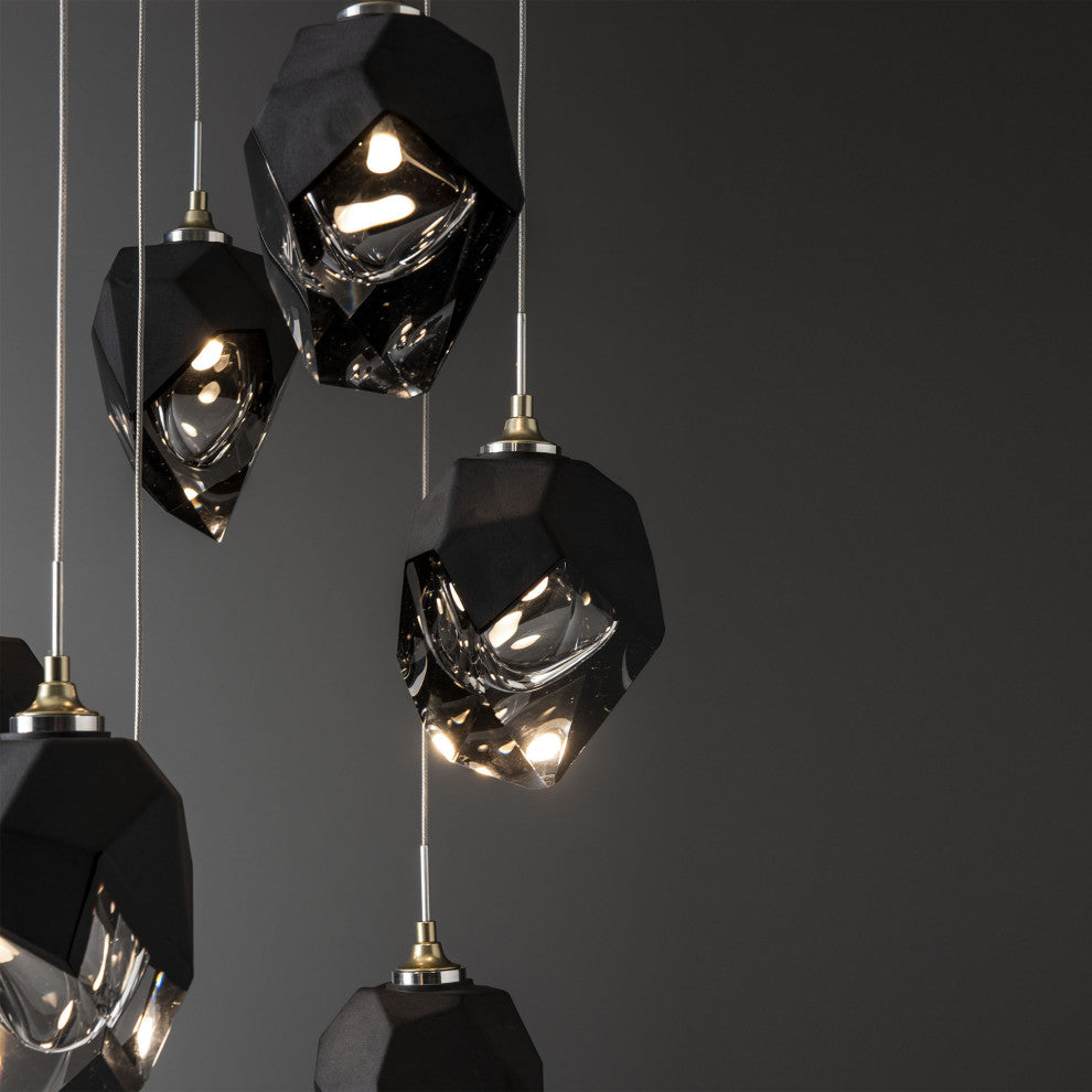 Chrysalis 9-Light Small Crystal Pendant Modern Brass Finish- Long, Black Crystal
