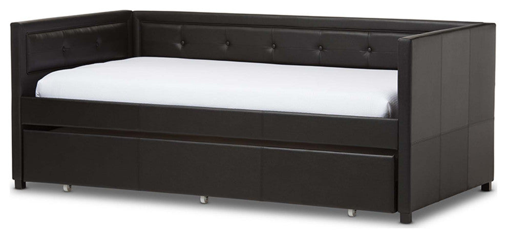 Marlee Faux Leather Button-Tufting Sofa Twin Daybed With Trundle Bed, Black