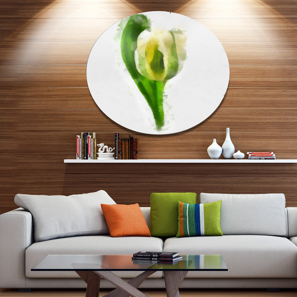 White Tulip With Green Leaves, Floral Large Disc Metal Wall Art, 36"