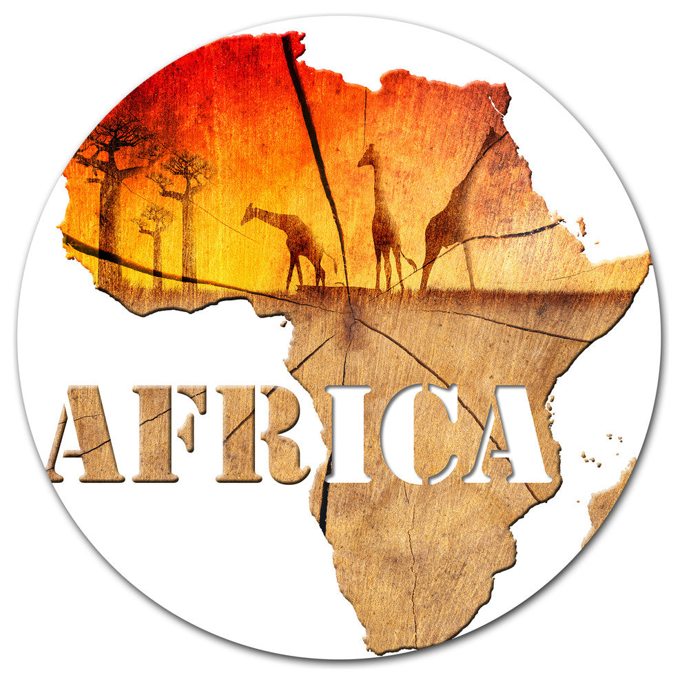 Africa Map Wooden Illustration, Round Metal Wall Art, 11"