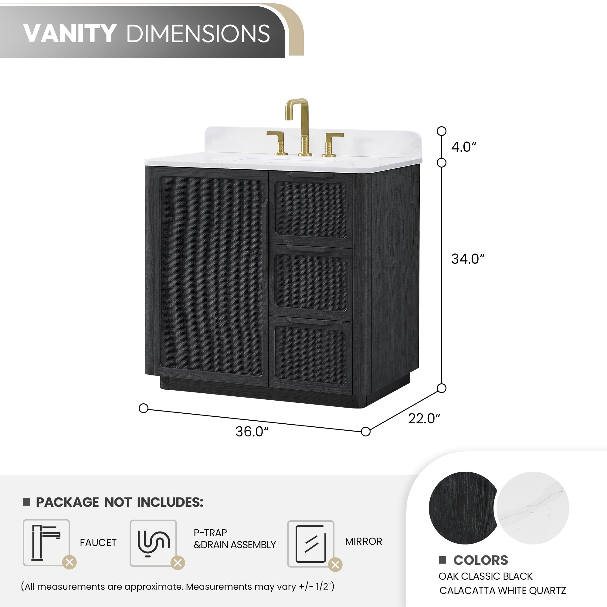 Busan Bath Vanity, Quartz Top No Mirror, Oak Classic Black, 36", Single Vanity