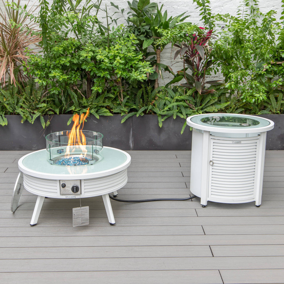 LeisureMod Walbrooke Patio Conversation Set With Fire Pit Table, Light Grey