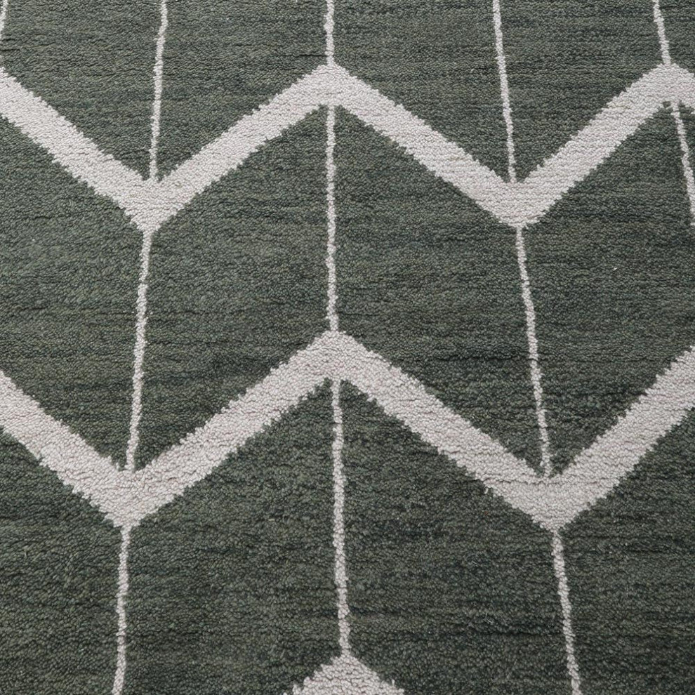 Hand Knotted Wool Area Rug Geometric Green Beige