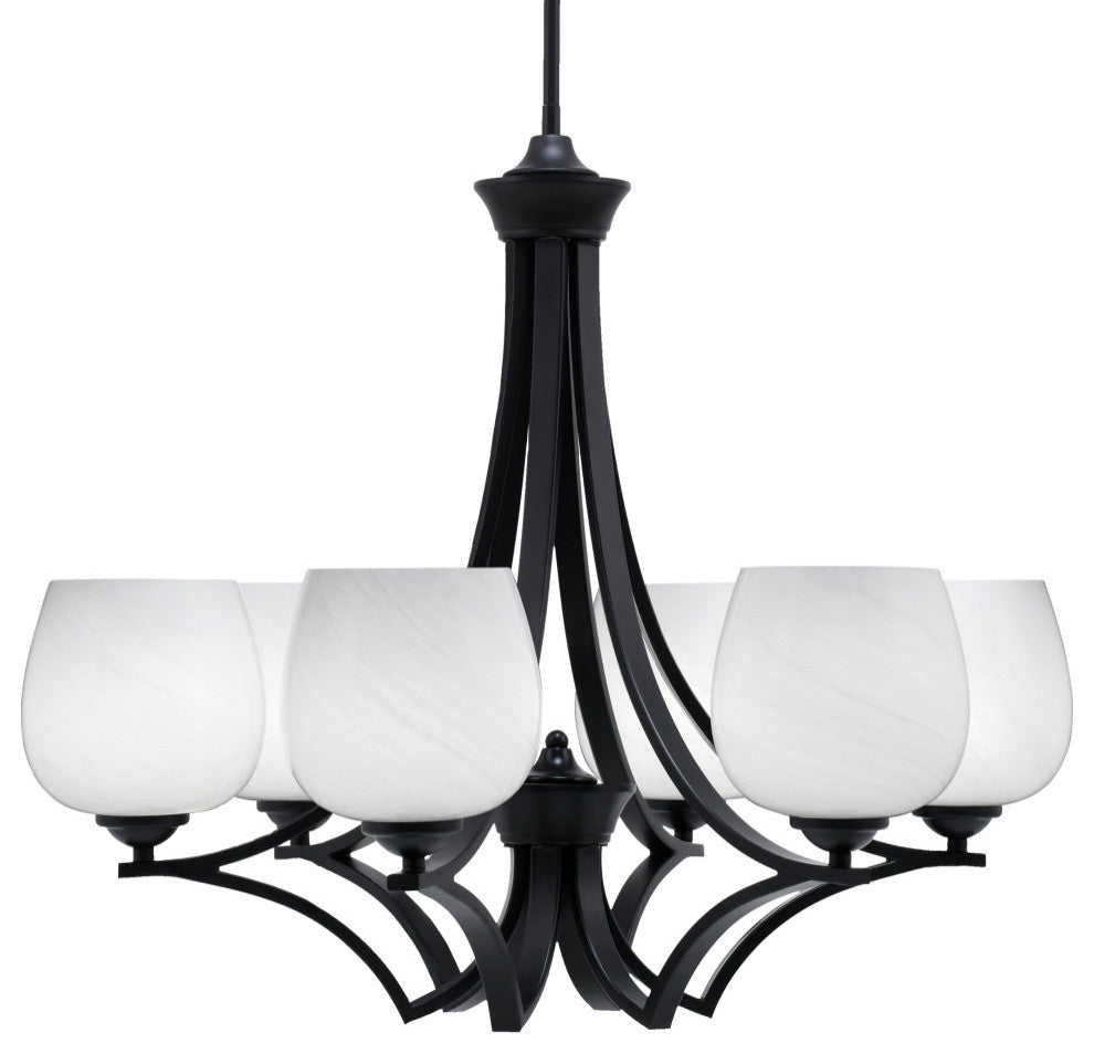Zilo 6 Light Chandelier, Matte Black Finish With 6" White Marble Glass