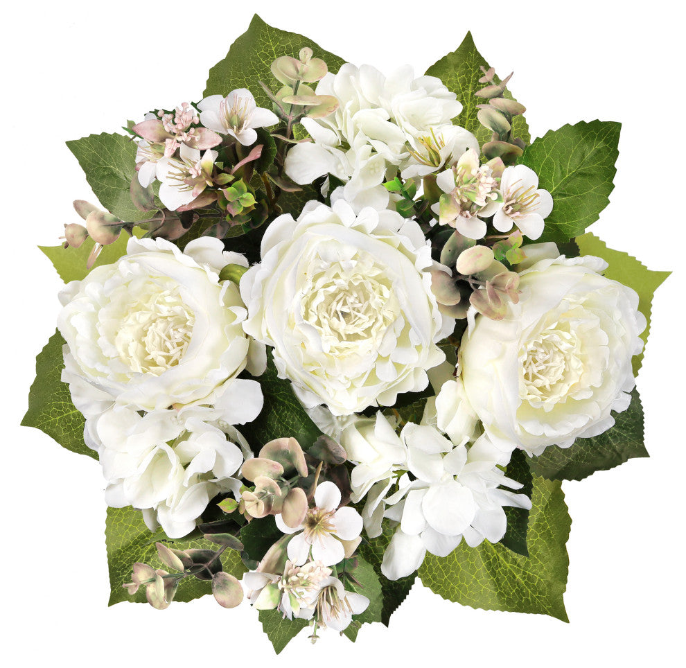 Set of 2 Cream White Artificial Peony Hydrangea Flower Stem Bush Bouquet 17"
