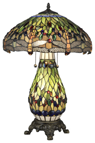 Serena d'Italia Tiffany 2-Light Green Dragonfly 25" Table Lamp with Lit Base